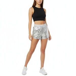 PUMPKINO Shorts Womens Size M Silver Metallic Shimmer ElasticWaistbandAthleisure